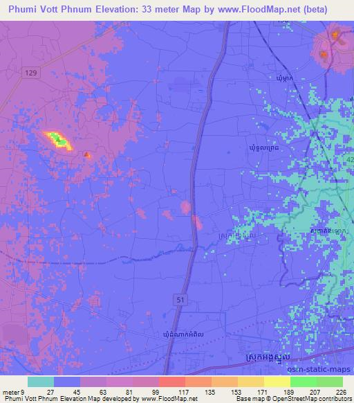 Phumi Vott Phnum,Cambodia Elevation Map