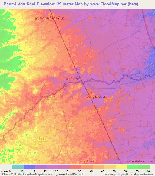 Phumi Vott Kdei,Cambodia Elevation Map