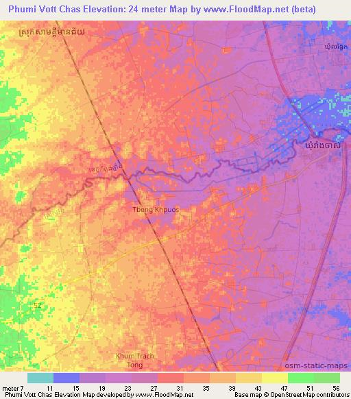 Phumi Vott Chas,Cambodia Elevation Map
