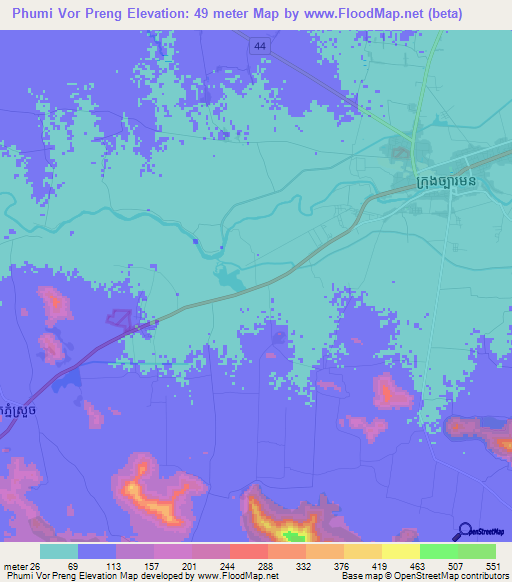 Phumi Vor Preng,Cambodia Elevation Map