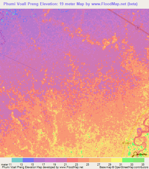 Phumi Voall Preng,Cambodia Elevation Map