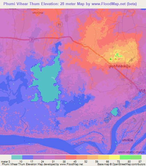 Phumi Vihear Thum,Cambodia Elevation Map