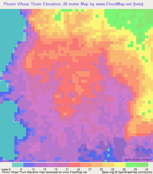 Phumi Vihear Thum,Cambodia Elevation Map