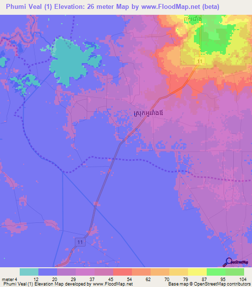 Phumi Veal (1),Cambodia Elevation Map