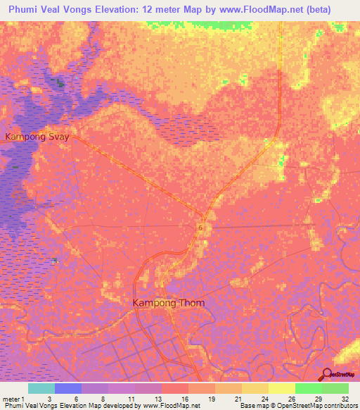 Phumi Veal Vongs,Cambodia Elevation Map