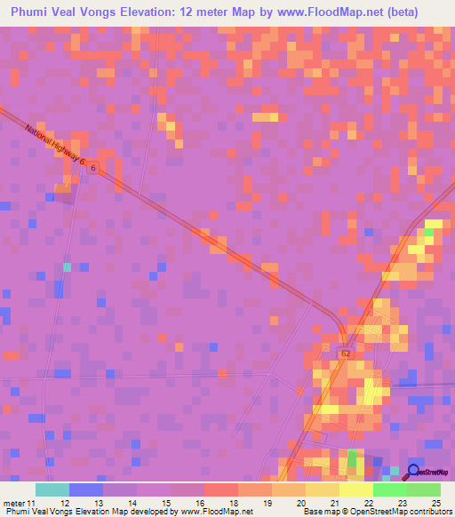 Phumi Veal Vongs,Cambodia Elevation Map