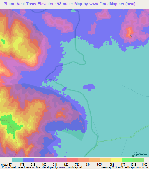 Phumi Veal Treas,Cambodia Elevation Map