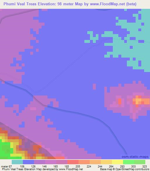 Phumi Veal Treas,Cambodia Elevation Map