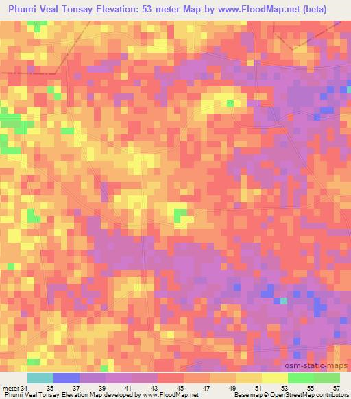 Phumi Veal Tonsay,Cambodia Elevation Map