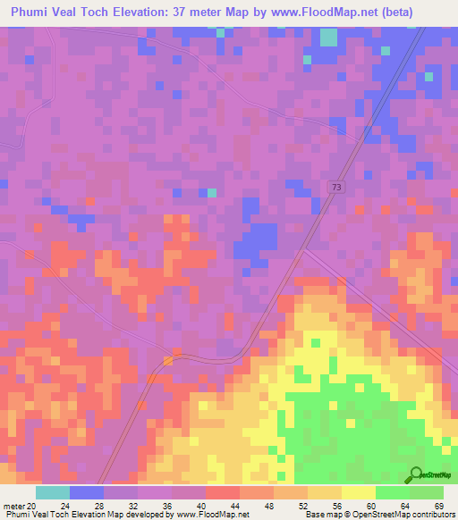 Phumi Veal Toch,Cambodia Elevation Map