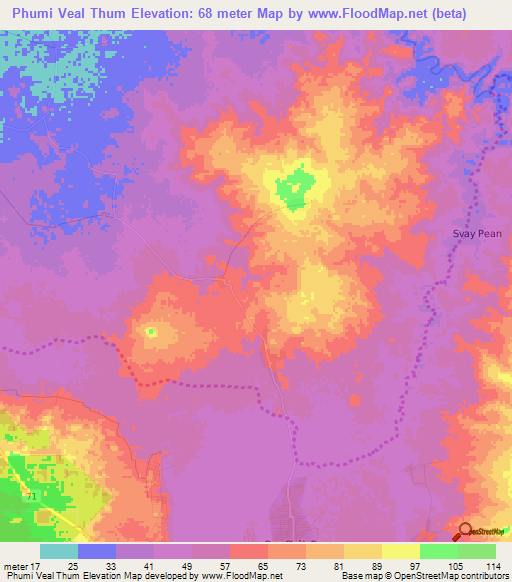 Phumi Veal Thum,Cambodia Elevation Map