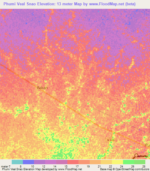 Phumi Veal Snao,Cambodia Elevation Map