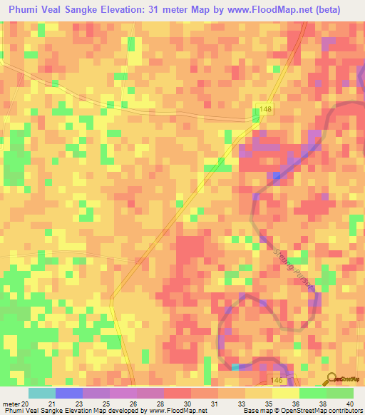 Phumi Veal Sangke,Cambodia Elevation Map