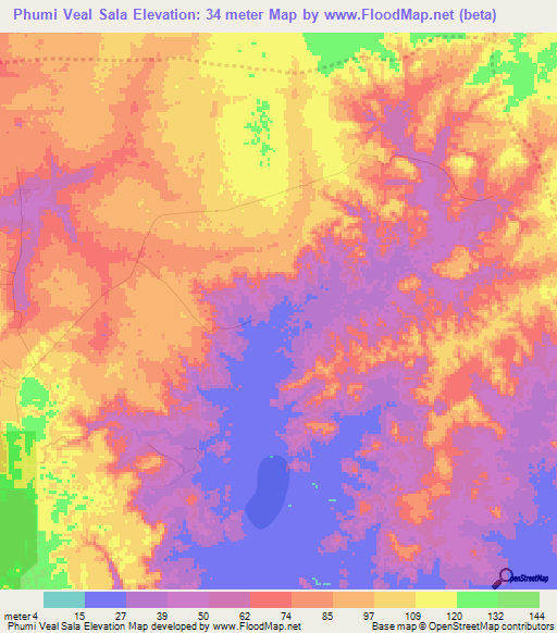 Phumi Veal Sala,Cambodia Elevation Map