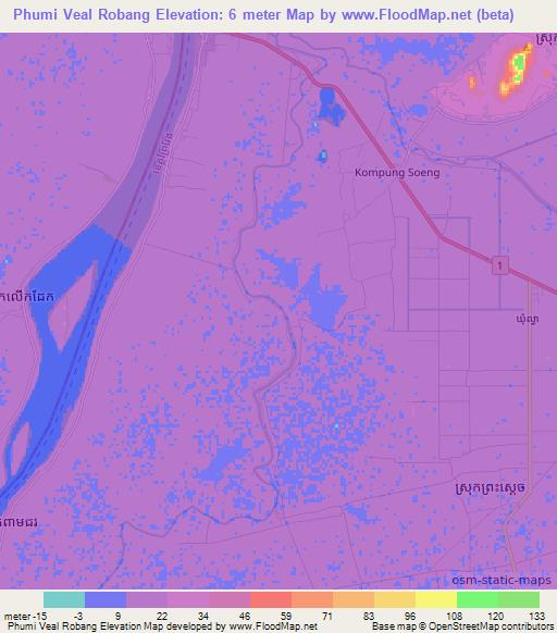 Phumi Veal Robang,Cambodia Elevation Map