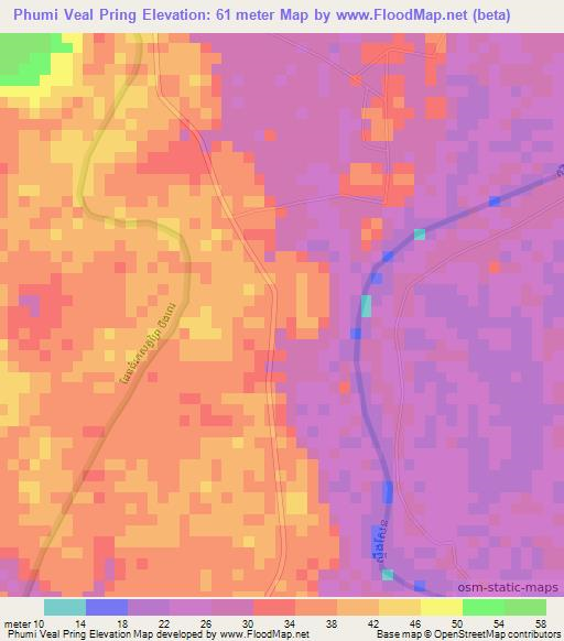 Phumi Veal Pring,Cambodia Elevation Map
