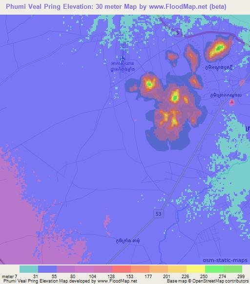 Phumi Veal Pring,Cambodia Elevation Map
