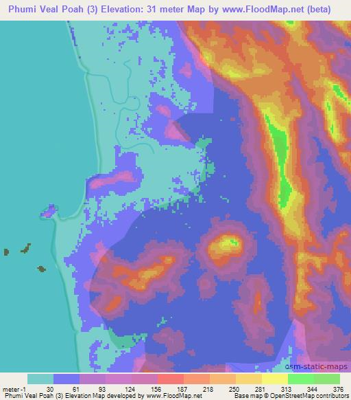 Phumi Veal Poah (3),Cambodia Elevation Map