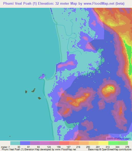 Phumi Veal Poah (1),Cambodia Elevation Map