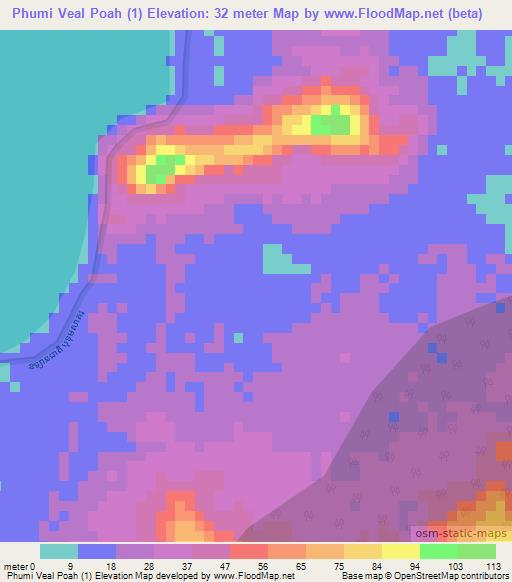 Phumi Veal Poah (1),Cambodia Elevation Map