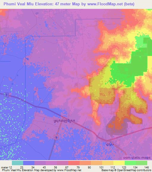 Phumi Veal Mlu,Cambodia Elevation Map