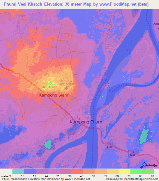 Phumi Veal Khsach,Cambodia Elevation Map