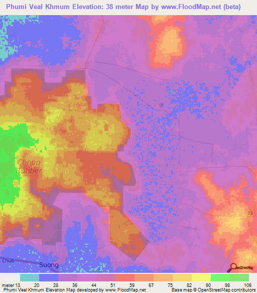Phumi Veal Khmum,Cambodia Elevation Map