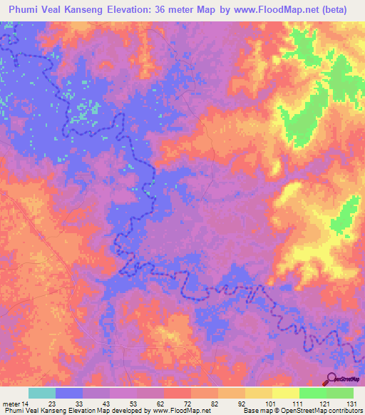 Phumi Veal Kanseng,Cambodia Elevation Map