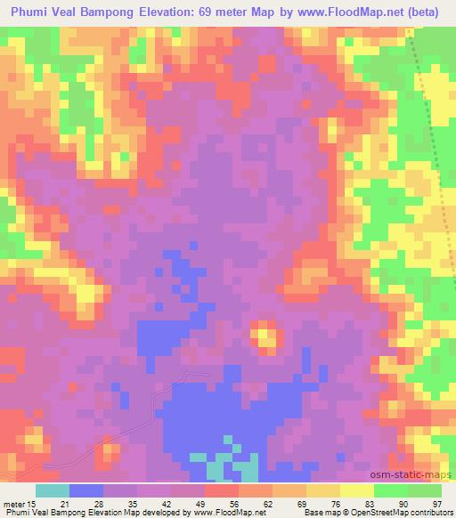 Phumi Veal Bampong,Cambodia Elevation Map