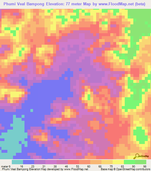 Phumi Veal Bampong,Cambodia Elevation Map