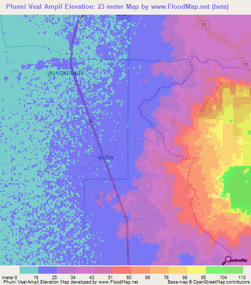 Phumi Veal Ampil,Cambodia Elevation Map
