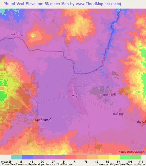 Phumi Veal,Cambodia Elevation Map