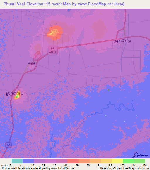 Phumi Veal,Cambodia Elevation Map
