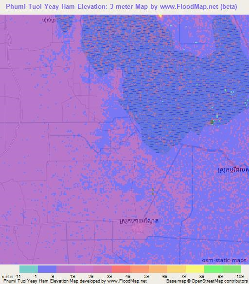 Phumi Tuol Yeay Ham,Cambodia Elevation Map