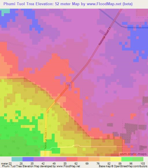 Phumi Tuol Trea,Cambodia Elevation Map