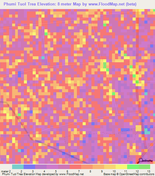 Phumi Tuol Trea,Cambodia Elevation Map