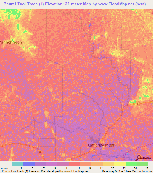 Phumi Tuol Trach (1),Cambodia Elevation Map