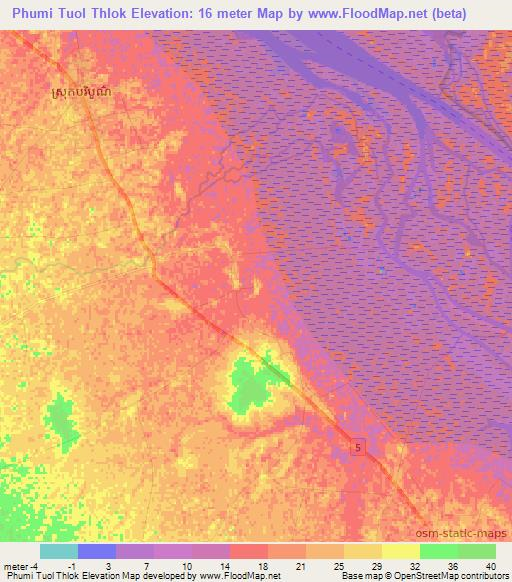 Phumi Tuol Thlok,Cambodia Elevation Map