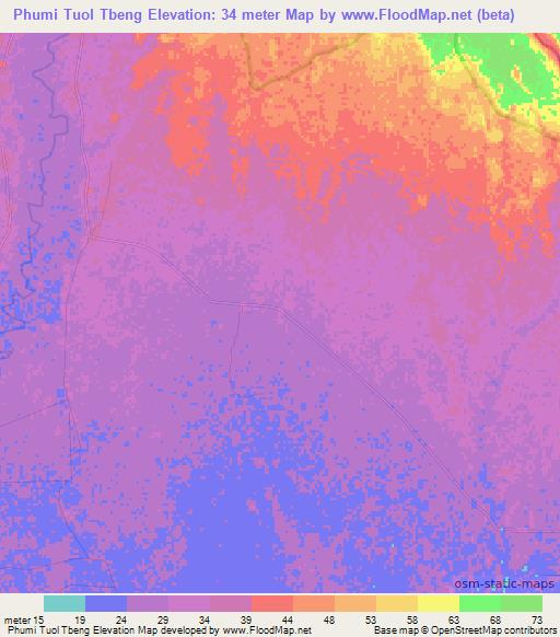 Phumi Tuol Tbeng,Cambodia Elevation Map