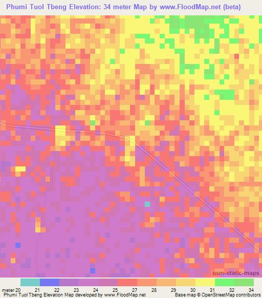 Phumi Tuol Tbeng,Cambodia Elevation Map