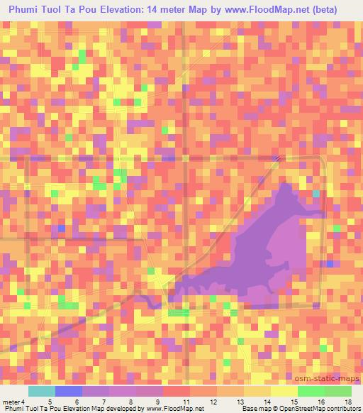 Phumi Tuol Ta Pou,Cambodia Elevation Map