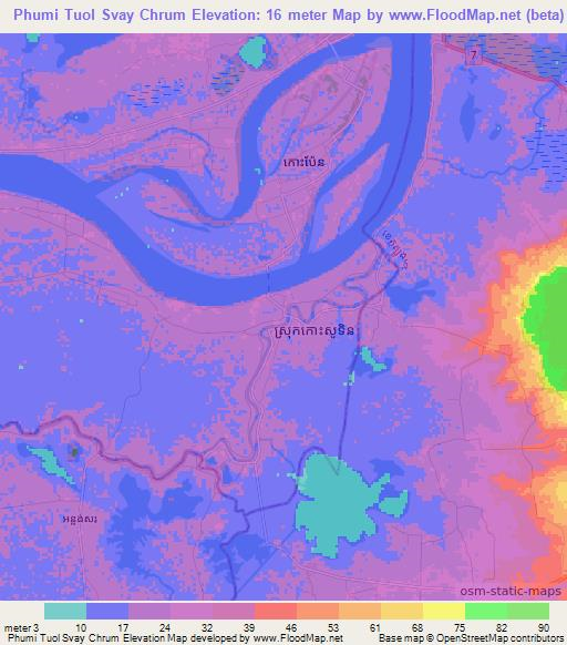 Phumi Tuol Svay Chrum,Cambodia Elevation Map