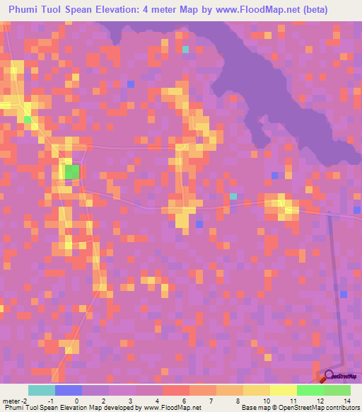 Phumi Tuol Spean,Cambodia Elevation Map