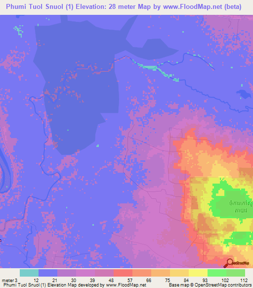 Phumi Tuol Snuol (1),Cambodia Elevation Map