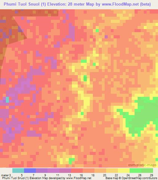 Phumi Tuol Snuol (1),Cambodia Elevation Map