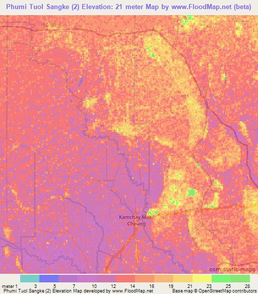Phumi Tuol Sangke (2),Cambodia Elevation Map