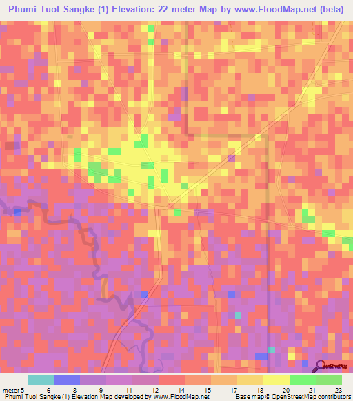 Phumi Tuol Sangke (1),Cambodia Elevation Map