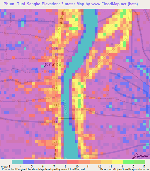 Phumi Tuol Sangke,Cambodia Elevation Map