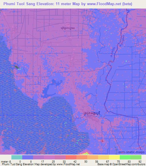 Phumi Tuol Sang,Cambodia Elevation Map