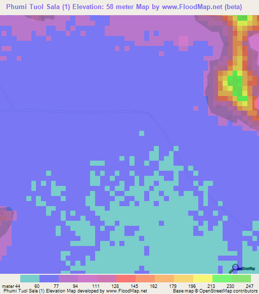 Phumi Tuol Sala (1),Cambodia Elevation Map